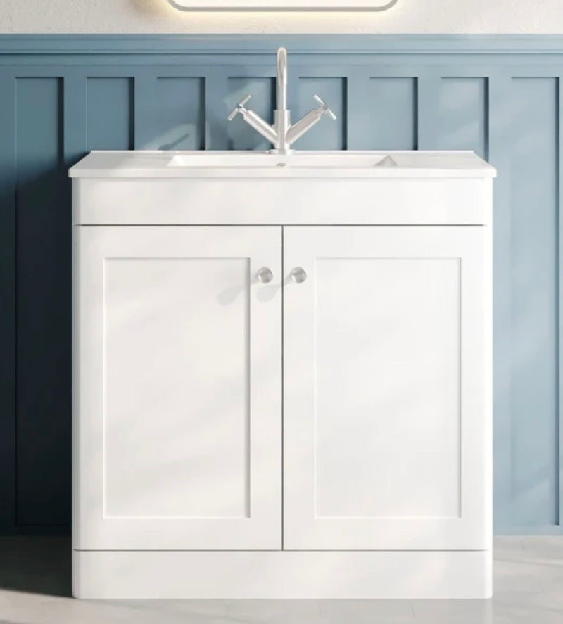 Nuie Classique Floor Standing 2-Door Vanity Unit with 1TH Minimalist Basin 800mm Wide - Satin White CLC126C