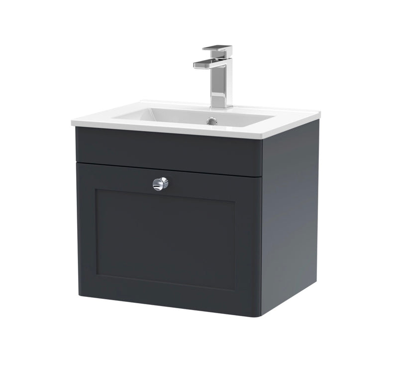 nuie Classique 500mm Soft Black 1 Drawer Wall Hung Vanity Unit With Minimalist Basin CLC1491C